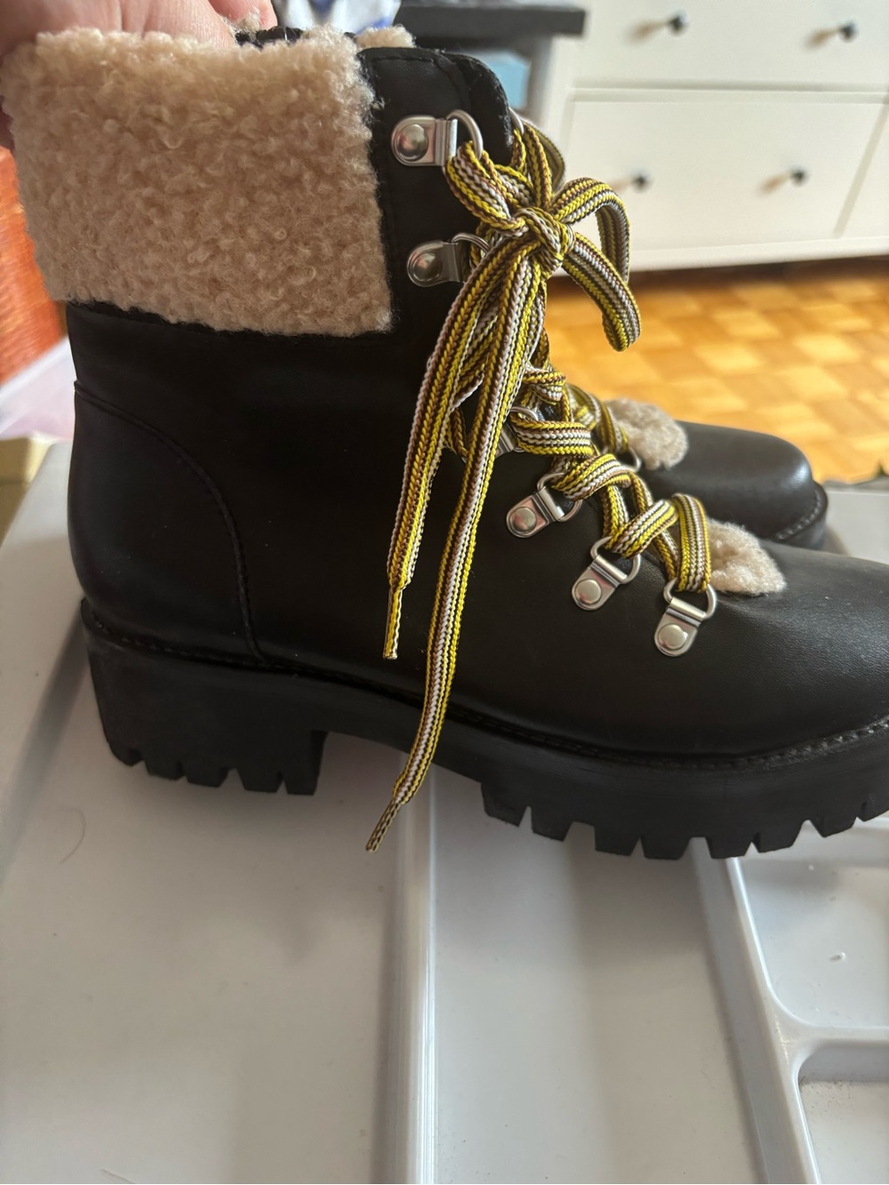 Steve Madden - Women's Black Faux Shearling Lace-Up Hiking Boots